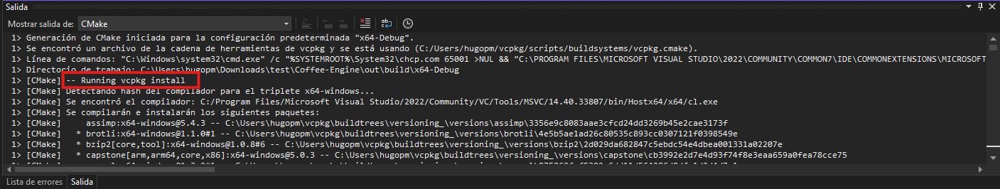 Output window showing vcpkg install running